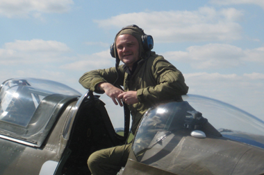 Comedian Al Murray in Supermarine Spitfire at Duxford