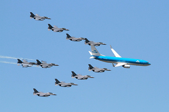 KLM - Royal Dutch Airlines Boeing 737-8K2 PH-BXB/XB-302 in formation with 10 F-16s at Volkel (Luchtmachtdagen) Air Show 2013 (RNLAF Open Days)