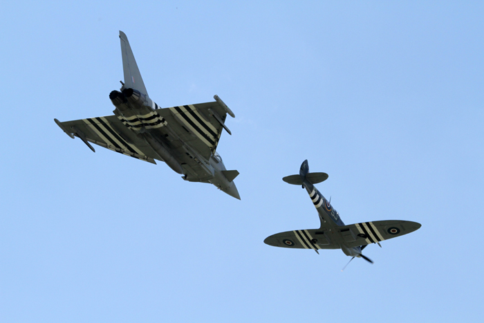 The Typhoon and Spitfire in D-Day markings were on show at RAF Coningsby on the 21st May