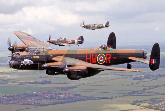 Lancaster PA474 with Hurricane PZ865 and Spitfire AB910