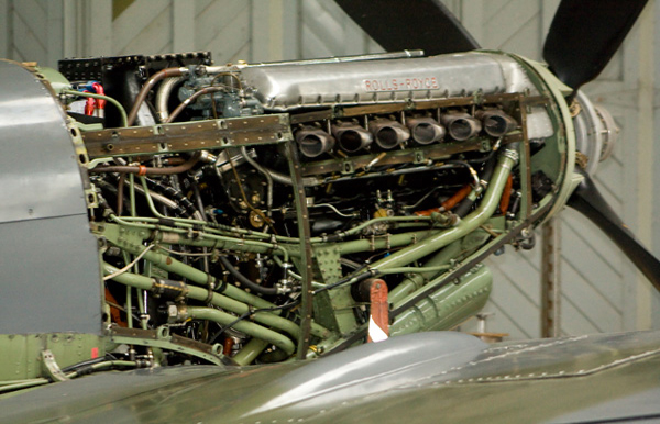 Supermarine Spitfire Mk IX G-ASJV MH434 engine at Duxford Hangar 2 - The Flying Museum. Photo by Ross Cannon