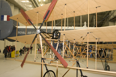 Avro Triplane replica G-CFTF in Duxford AirSpace hangar