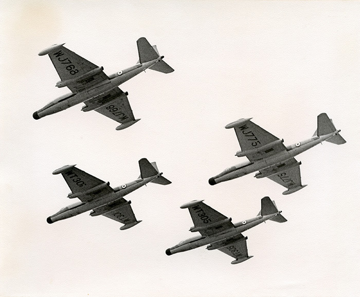 A four-ship formation of Canberra B6 aircraft, WJ768, WT301, WJ775, WT305